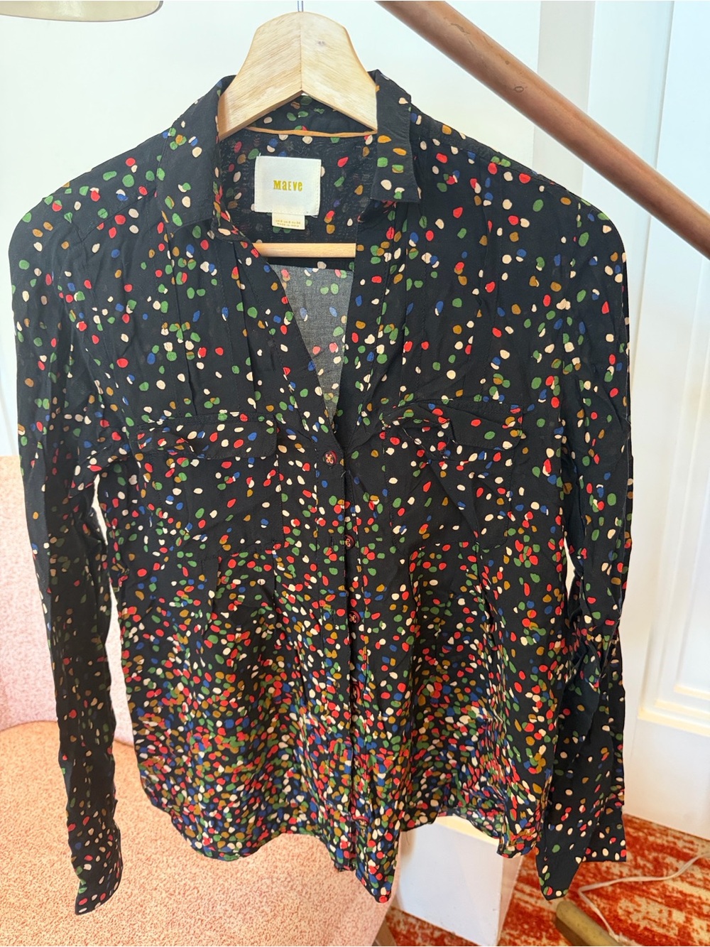 Maeve Black Multicolor Dot-Print Button-Down Shirt-Size US 2- PreOwned